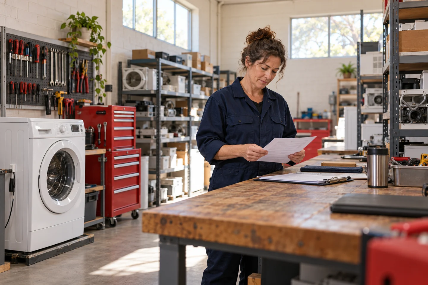 A technician reviews a service note at a sunlit appliance workshop bench
