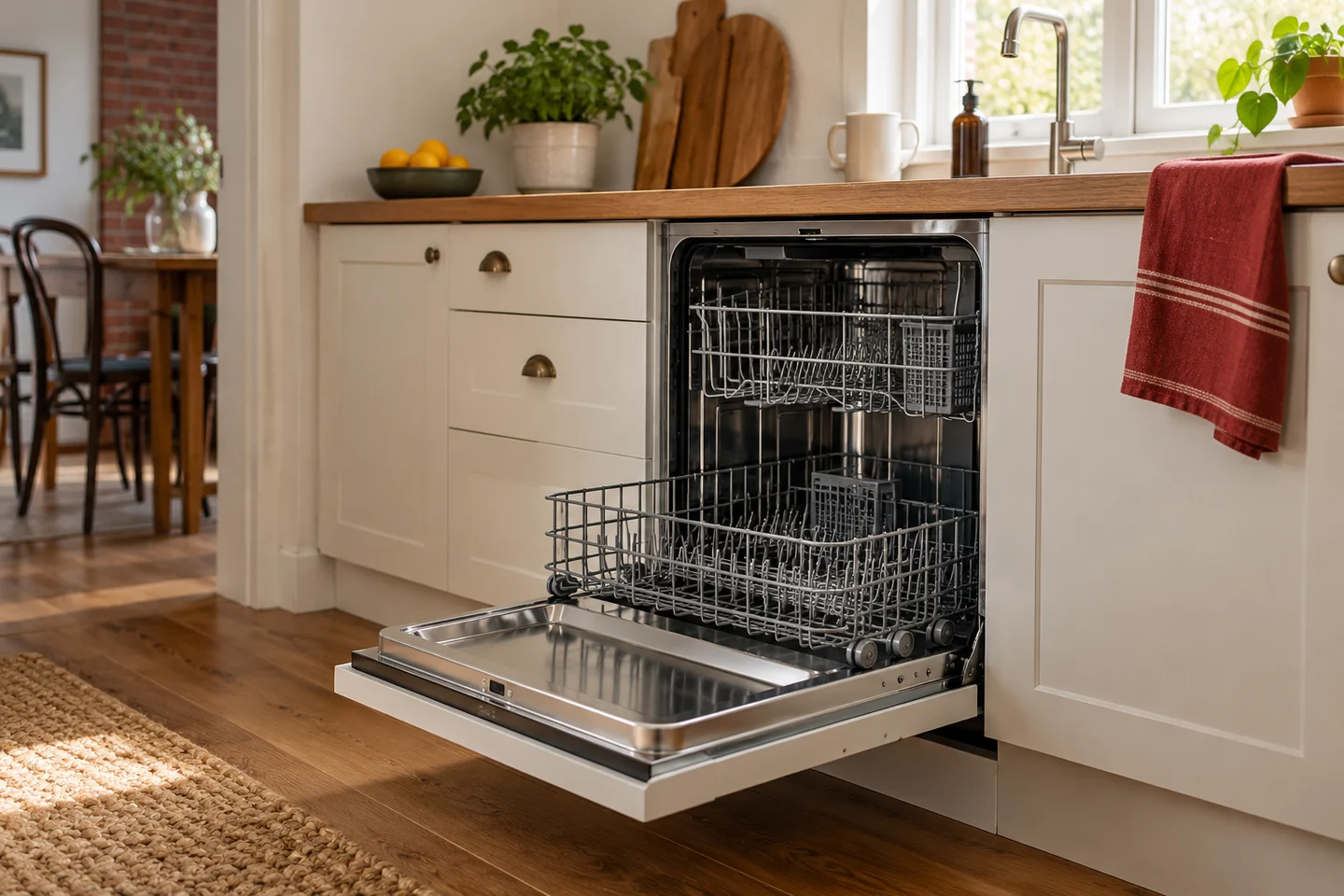 An inactive dishwasher with its door lowered in a warm domestic kitchen