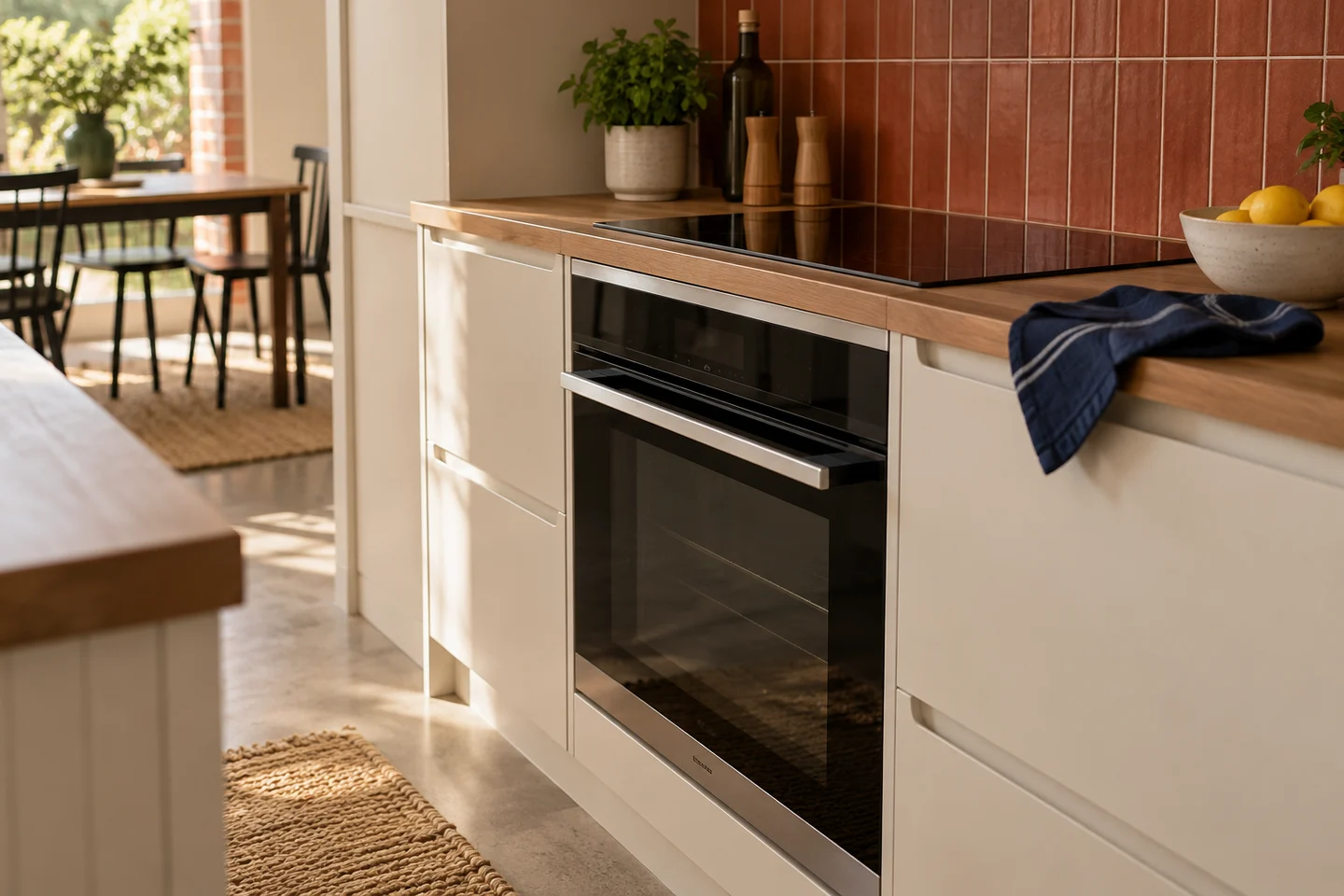 A closed electric oven and inactive cooktop in ivory kitchen cabinetry