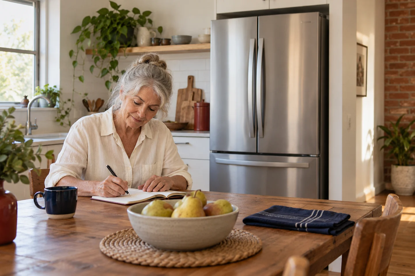 A homeowner makes an observation note at a table beside a closed fridge