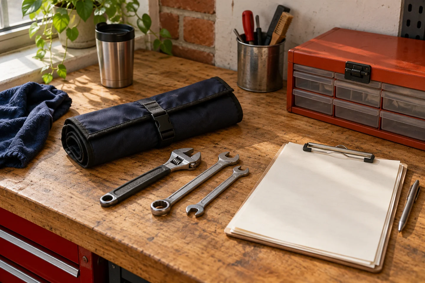 Resting tools and blank service sheets on an orderly workshop bench