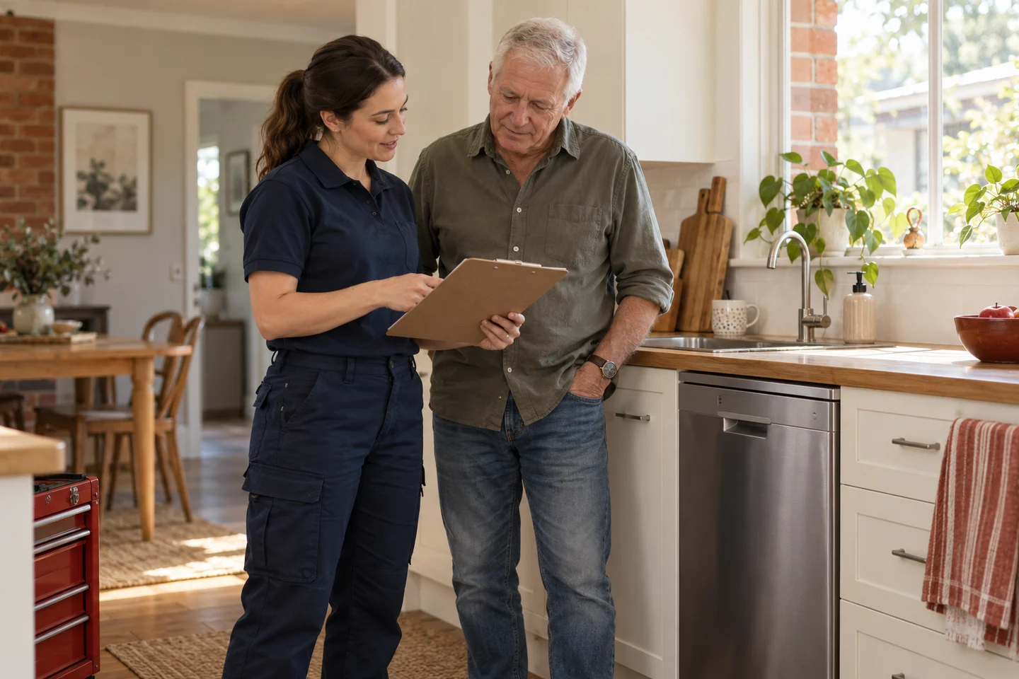 A technician and homeowner discuss a clipboard beside a closed dishwasher