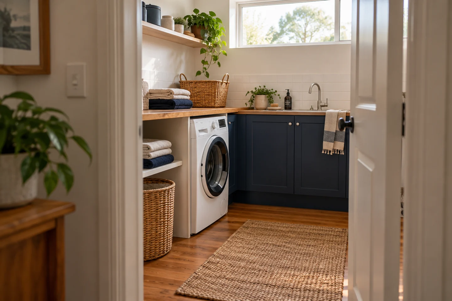 A clear doorway and floor space leading into a compact laundry