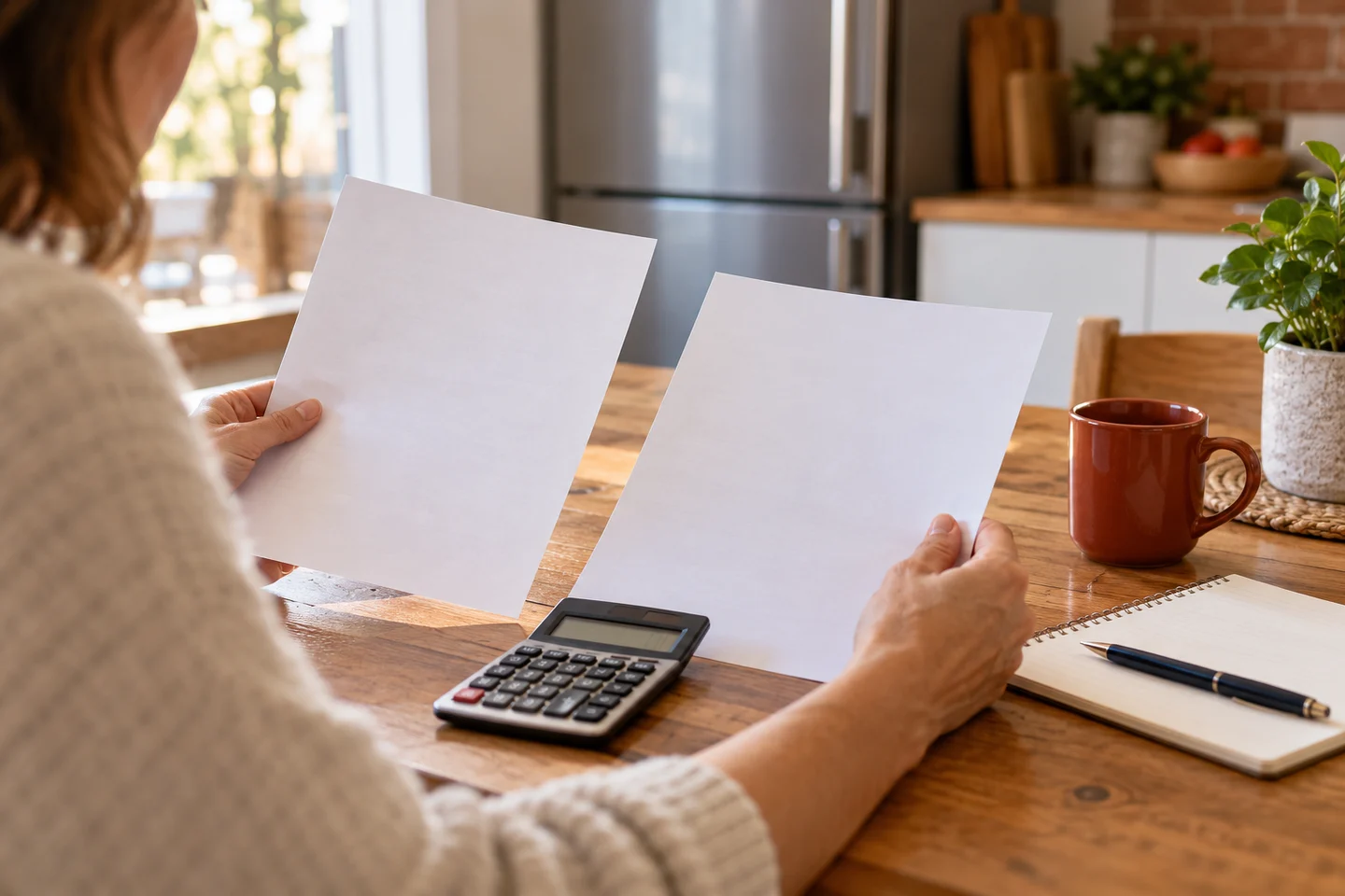 A homeowner compares quote sheets with a calculator at a kitchen table
